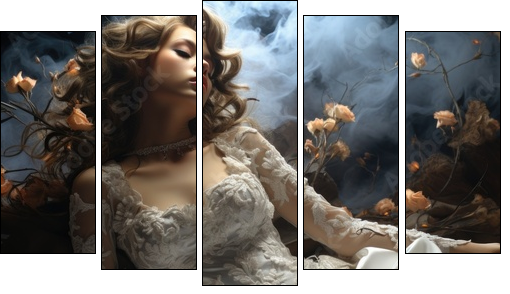 Elegant creative wedding dress on gorgeous model, style appeal luxe , excellent look, white dress, beautiful interior design, glamorous looking . - Five-piece canvas, Pentaptych