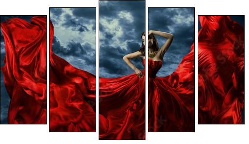 Woman in red evening dress, waving gown with flying long fabric - Five-piece canvas, Pentaptych