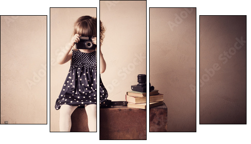 little girl with retro camera on  suitcase indoor - Five-piece canvas, Pentaptych