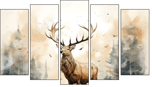 Masterful Brushstrokes: Juxtaposed Elk Painting in Minimalist Nature Study - Five-piece canvas, Pentaptych