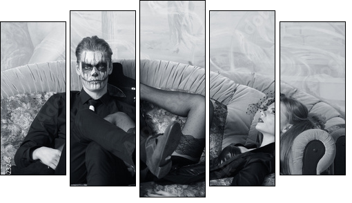 young man and woman on the sofa. makeup in Halloween theme - Five-piece canvas, Pentaptych