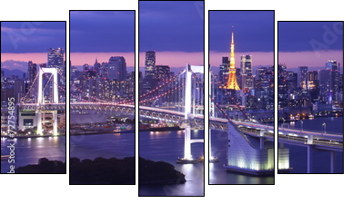 view of Tokyo Bay , Rainbow bridge and Tokyo Tower landmark - Five-piece canvas, Pentaptych