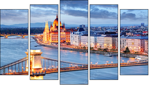 Budapest with chain bridge and parliament, Hungary - Five-piece canvas, Pentaptych