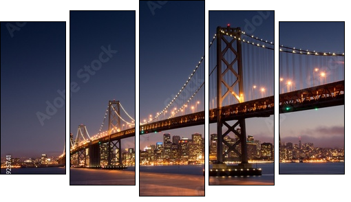 Dusk over San Francisco-Oakland Bay Bridge and San Francisco Skyline. Yerba Buena Island, San Francisco, California, USA. - Five-piece canvas, Pentaptych