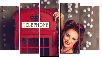 Red hair pin-up woman portrait near telephone booth - Five-piece canvas, Pentaptych