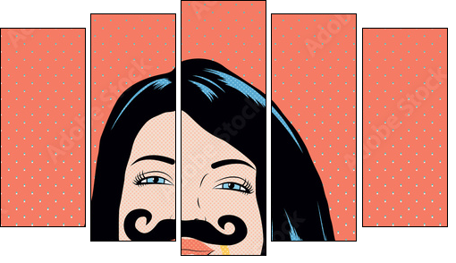 Pop art illustration with girl holding mustache mask. - Five-piece canvas, Pentaptych