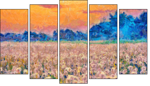 Summer meadow blow balls landscape painting - Five-piece canvas, Pentaptych