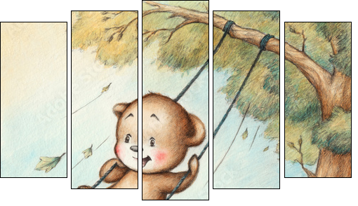 Swinging Teddy Bear - Five-piece canvas, Pentaptych