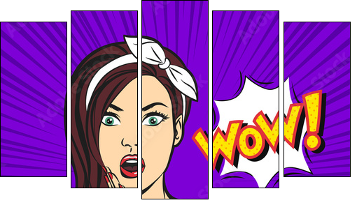 Vector pop art surprised woman face with open mouth and a WOW bubble - Five-piece canvas, Pentaptych