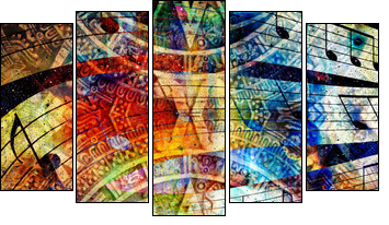Ancient Mayan Calendar and  Music note, Cosmic space with stars, abstract color Background, computer collage. circular view on space. - Five-piece canvas, Pentaptych