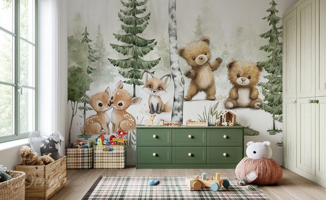 Lesni-pratele-v-pohadkovem-prostredi-pro-deti-fototapety-demur