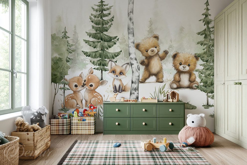 Lesni-pratele-v-pohadkovem-prostredi-pro-deti-fototapety-demur