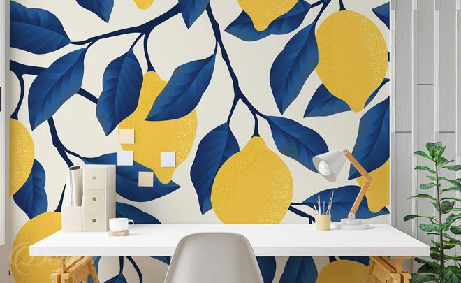 Citronovy-vzor-s-tmave-modrymi-listy-do-kuchyne-fototapety-demur