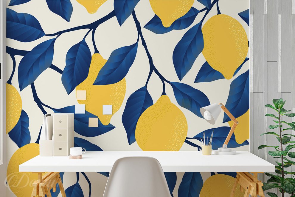 Citronovy-vzor-s-tmave-modrymi-listy-do-kuchyne-fototapety-demur