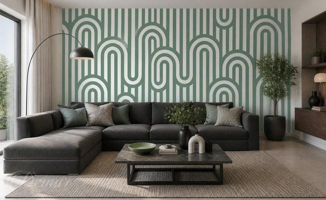 Kontrast-zelenych-linii-a-bileho-pozadi-do-obyvaciho-pokoje-fototapety-demur